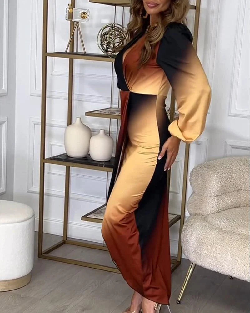 Vintage Style Long Sleeve Brown Maxi Dress