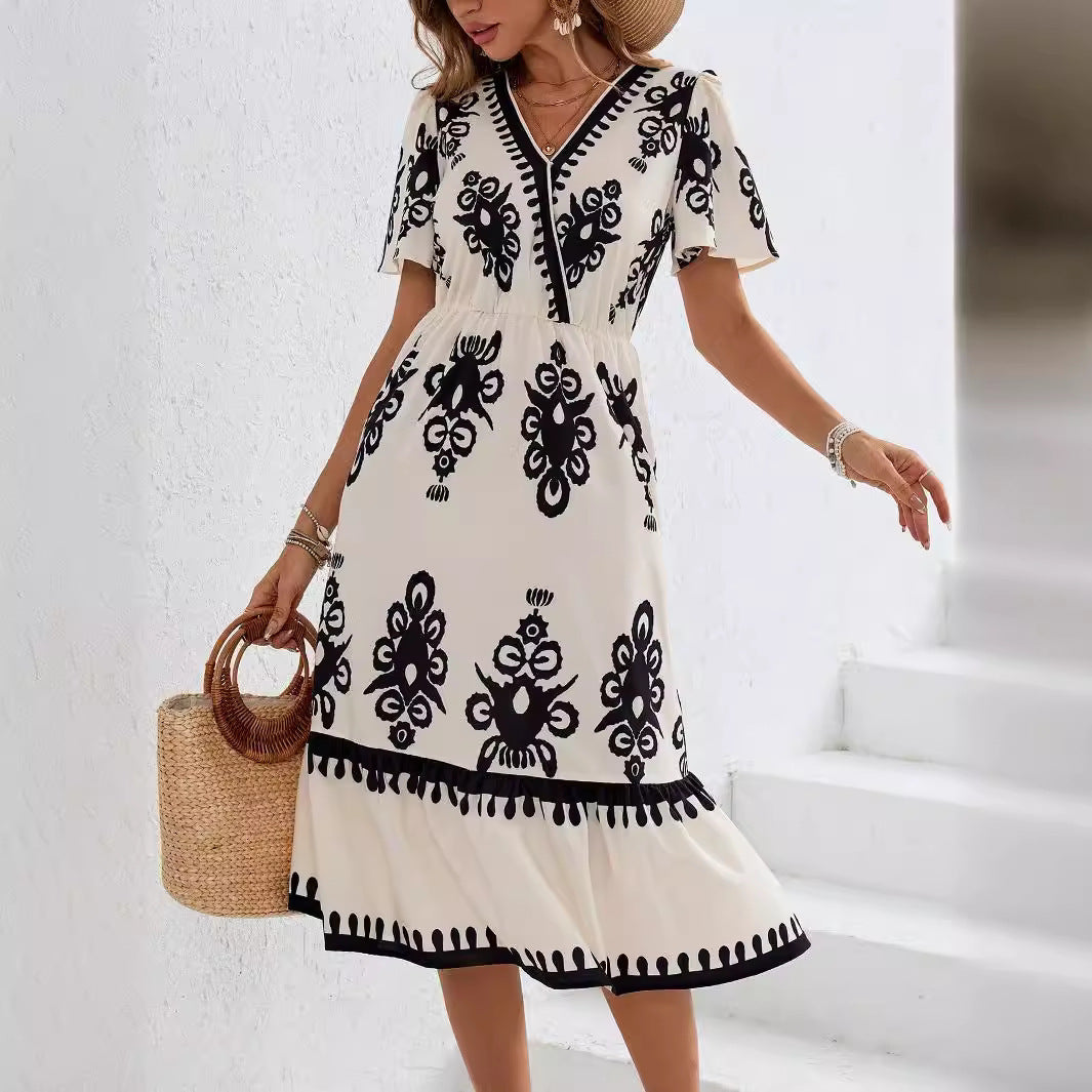 Puffy Sleeve Ultra High Neck Floral Print Wrap Dress