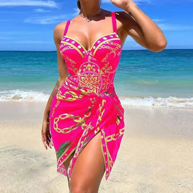 Elegant Print One Piece Two Piece Sleeveless Swimwear