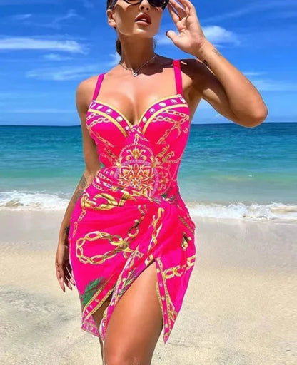 Elegant Print One Piece Two Piece Sleeveless Swimwear