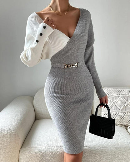 Slim V-Neck Mid-Length Dress