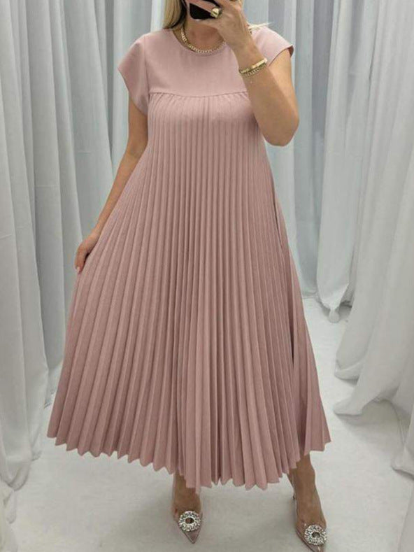 Round Neck Short Sleeve Pleated Midi Dress