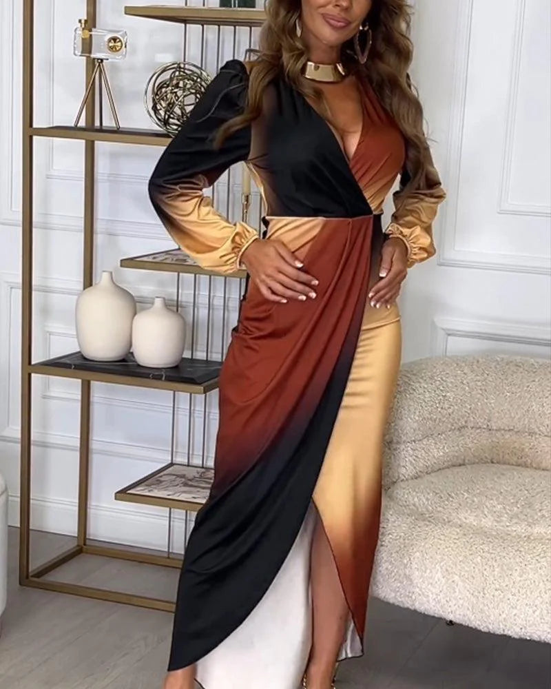 Vintage Style Long Sleeve Brown Maxi Dress