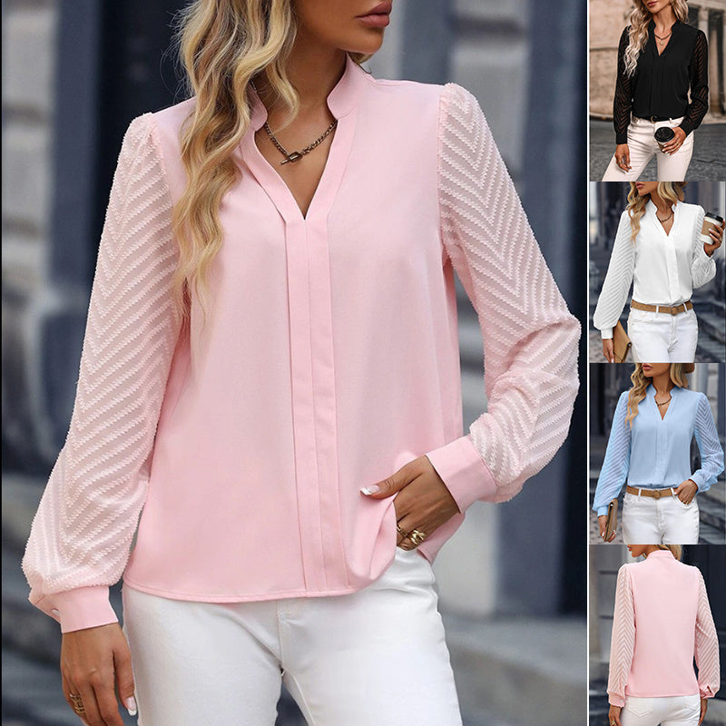 Lace Stitching V-neck Solid Color Tops Chiffon Shirt