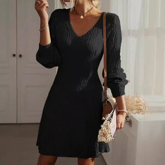 Elegant V-Neck Textured Long Sleeve Dress