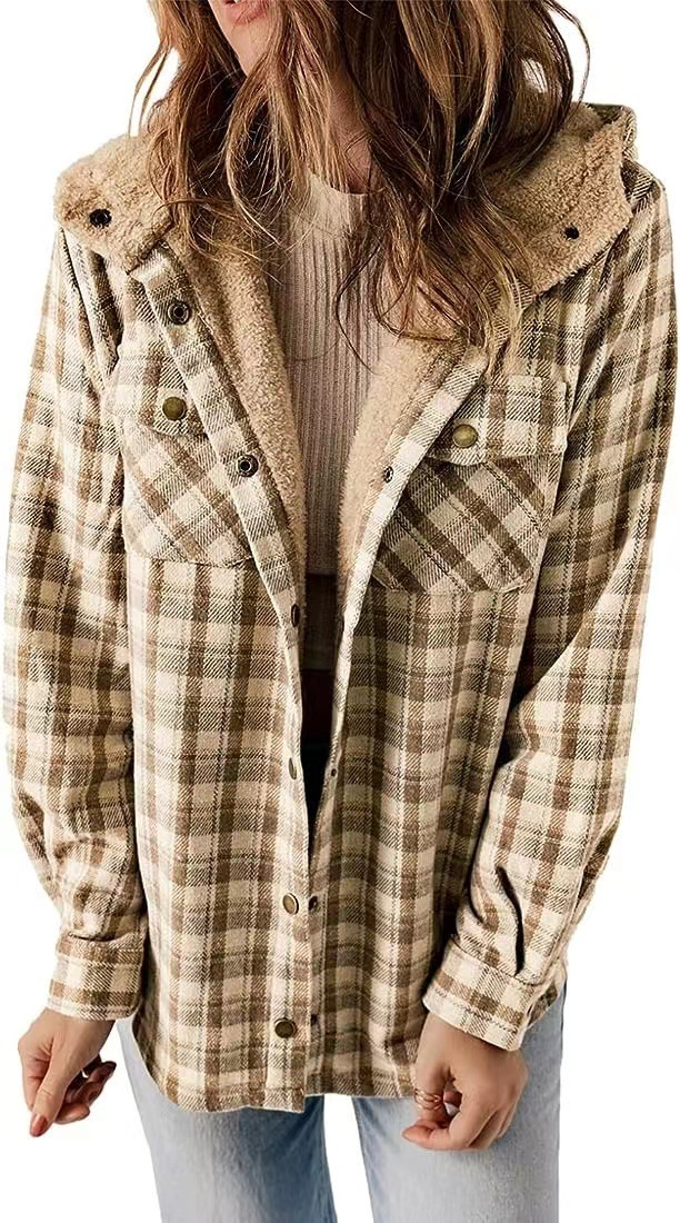 Casual Plaid Hooded Woolen Coat