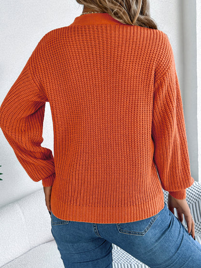 Hollow Out V-neck Twist Lantern Sleeve Pullover Sweater