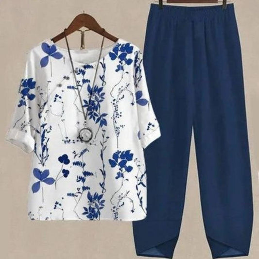 Casual Round Neck Half Sleeve Digital Printing Two-piece Set