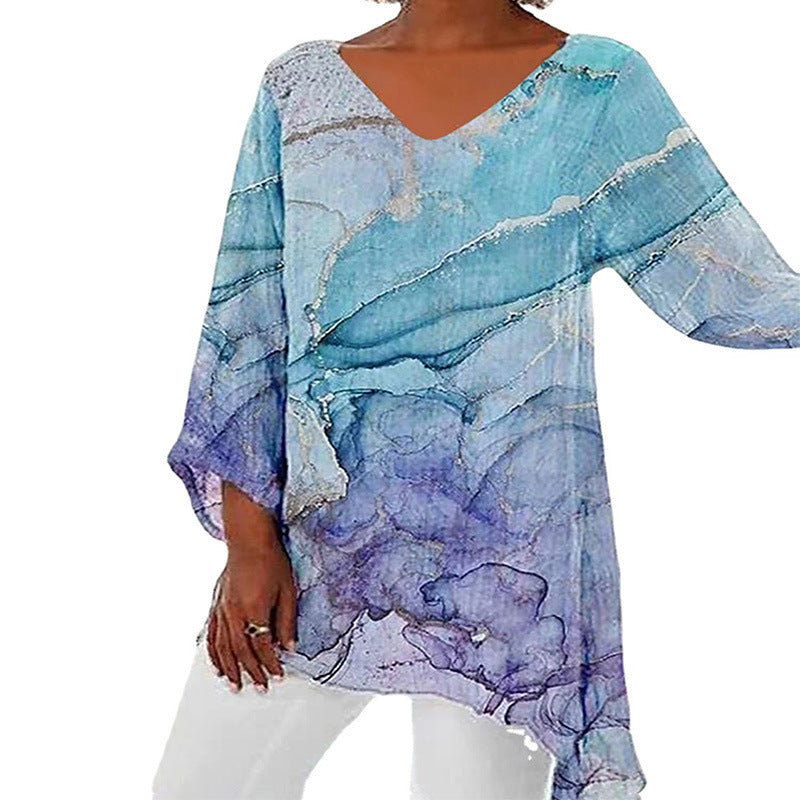 Casual Loose And Irregular Printed Long Sleeve V-neck Top