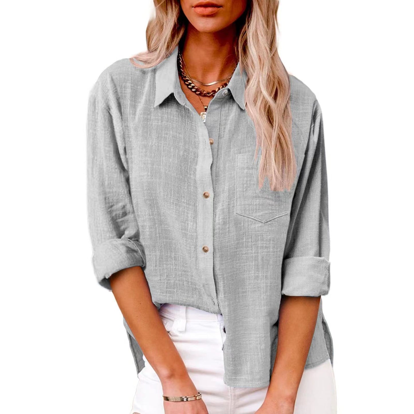 Pocket Split Cotton And Linen Long-Sleeved Top