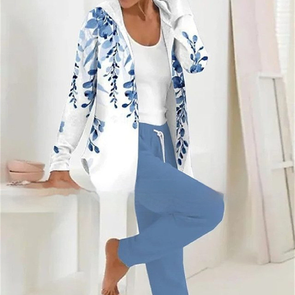 Printed Cardigan Coat and Solid Color Two-Piece Set