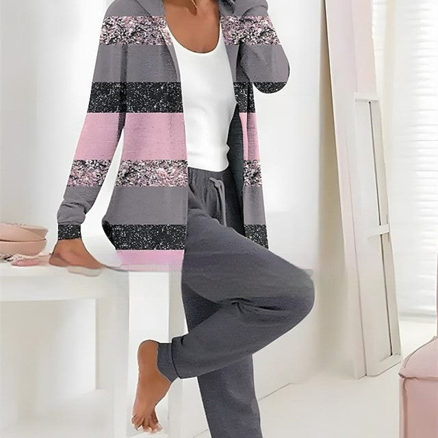 Printed Cardigan Coat and Solid Color Two-Piece Set