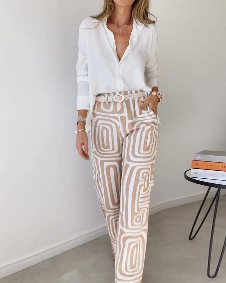 Casual Long-sleeved Lapel Shirt Printed Wide-leg Pants Suit