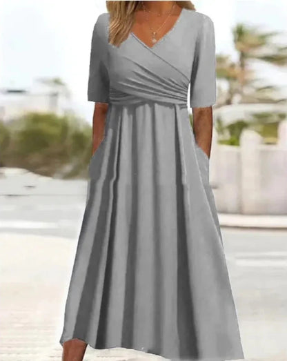 Unique Plain V-Neck Midi Dress