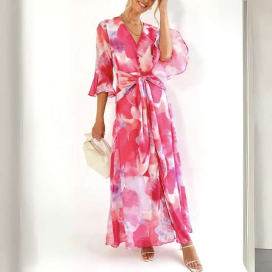 Pink Elegant Printed Crease Mid-Dress