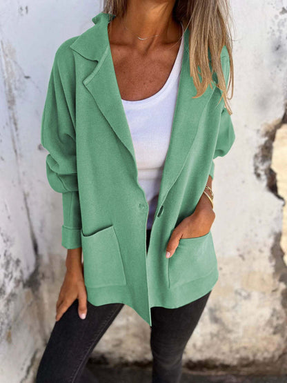 Casual Lapel Jacket with Pockets - Versatile Long Sleeve Coat