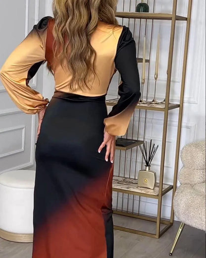 Vintage Style Long Sleeve Brown Maxi Dress