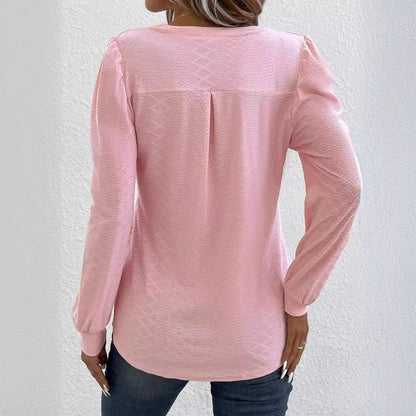 Pink V-Neck Jacquard Long Sleeve Loose T-Shirt