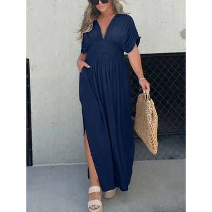 Unique Bat-Sleeved V-Neck Slit Dress