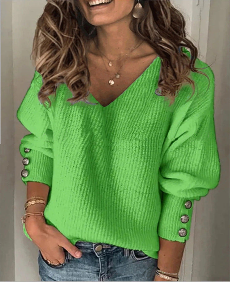 All-match Knitted V-neck Loose Long-sleeved Sweater