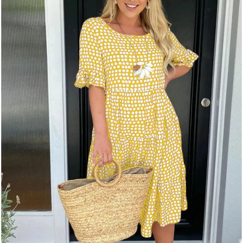 Polka Dot Short Sleeve Round Neck Midi Dress