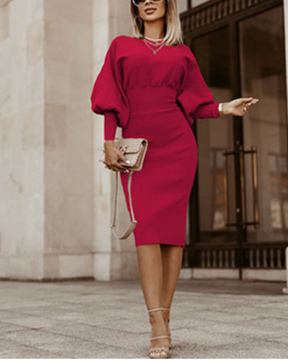 Solid Color Lantern Sleeve Waist One-Step Dress