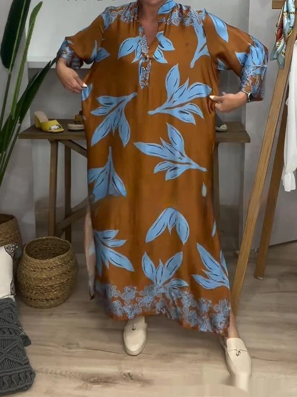 Sexy V-neck Plant Print Long Sleeve Dress