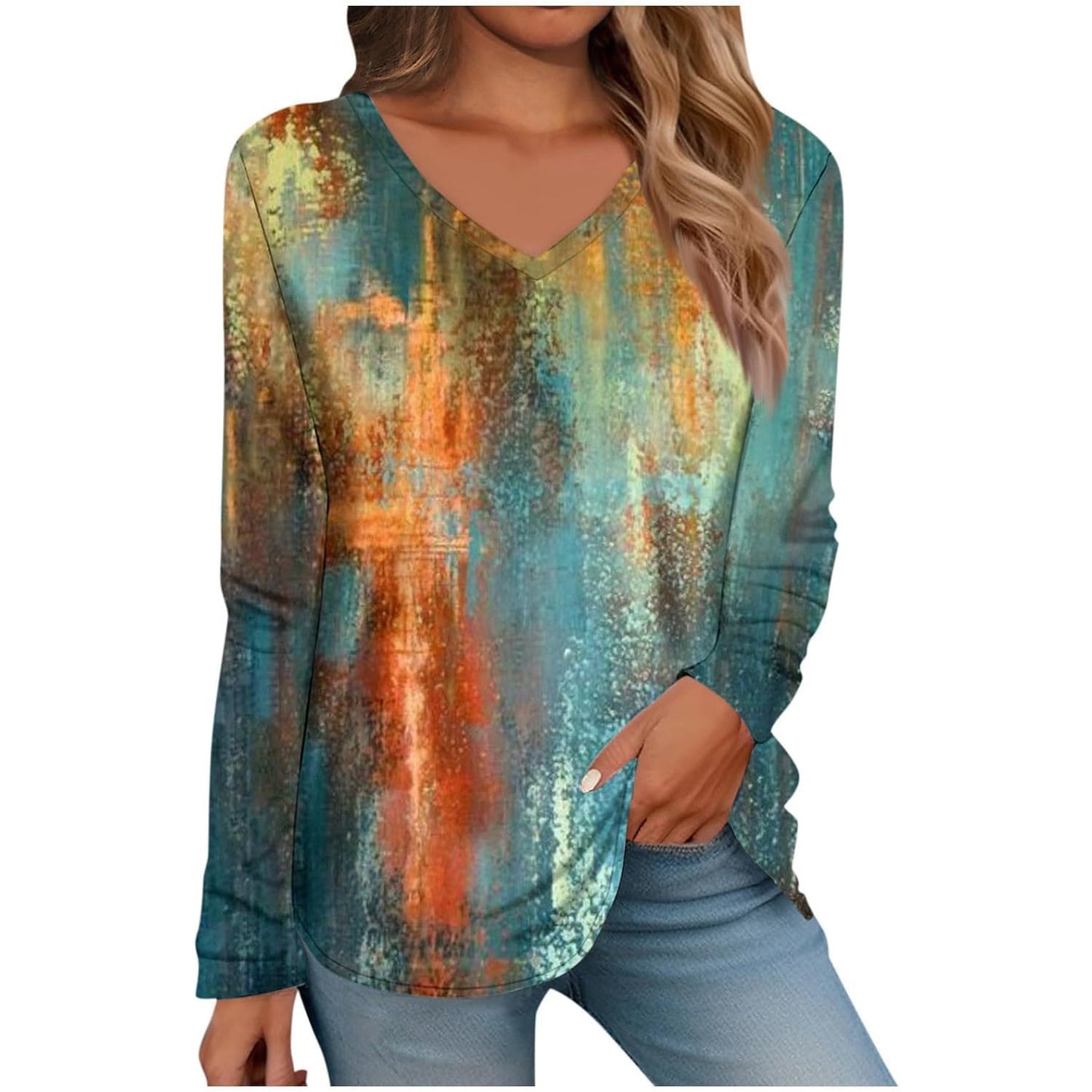 Geometric Print V-Neck Loose Long Sleeve Top