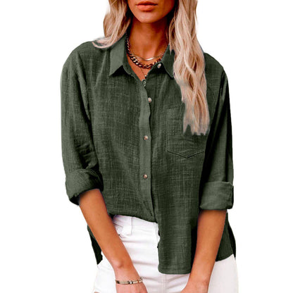 Pocket Split Cotton And Linen Long-Sleeved Top