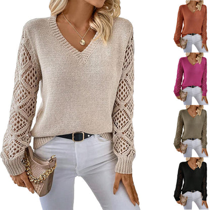 Solid V-Neck Hollow Sleeve Pullover Sweater