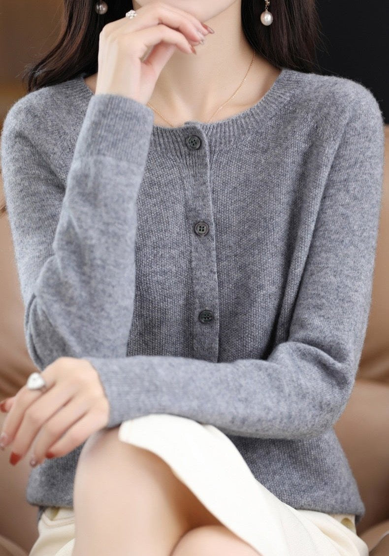 Elegant Wool Round Neck Long Sleeve Cashmere Cardigan