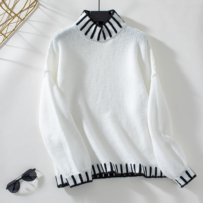 Loose Pullover Retro Color Matching Turtleneck Sweater