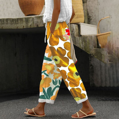 Fresh Floral Print Green Pants