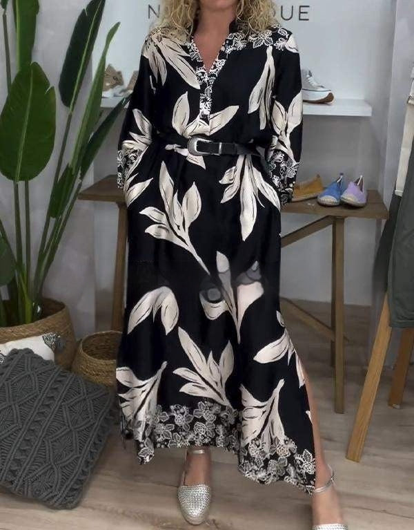 Sexy V-neck Plant Print Long Sleeve Dress