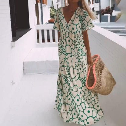 Printed Short-sleeved Deep V-neck Long Dress