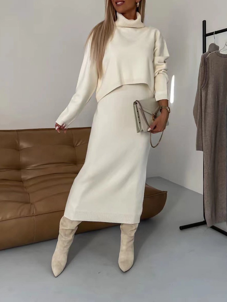 Modern Turtleneck Pullover and Sleeveless Long Dress Set