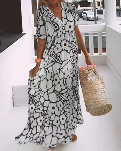 Printed Short-sleeved Deep V-neck Long Dress