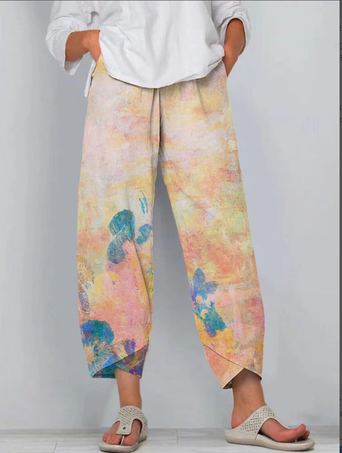 Casual Loose Printed Elastic Waist Straight Leg Pants