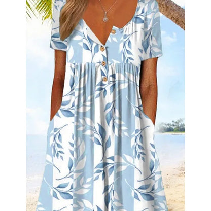 Blue Paradise Short Sleeve Pleated Side Pocket Midi Dress