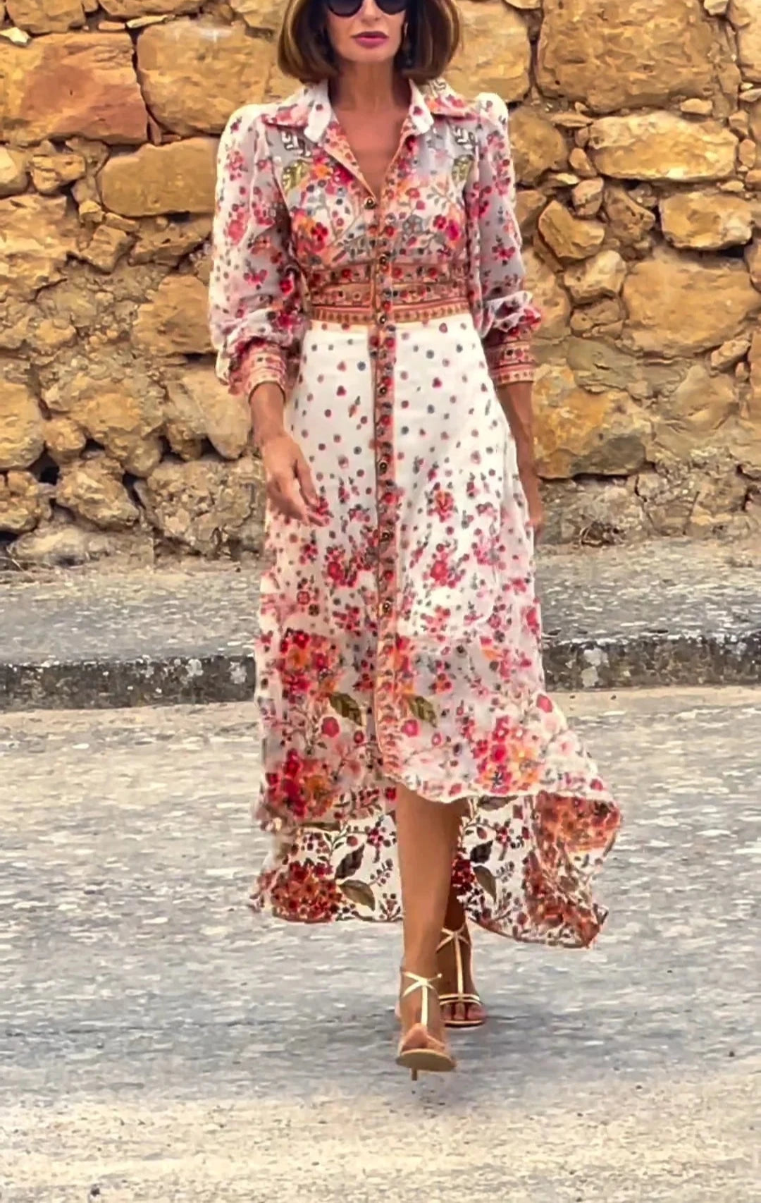 Ethnic Print Long Sleeve Button Down Dress