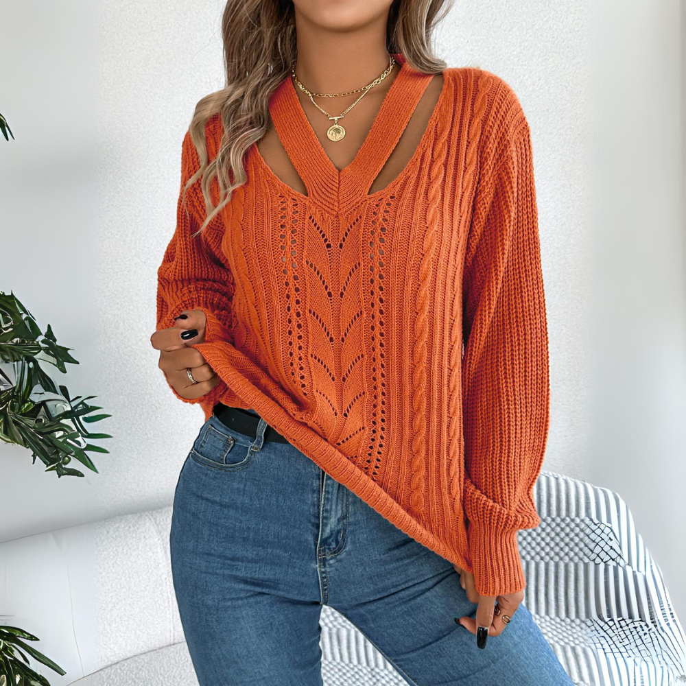 Hollow Out V-neck Twist Lantern Sleeve Pullover Sweater