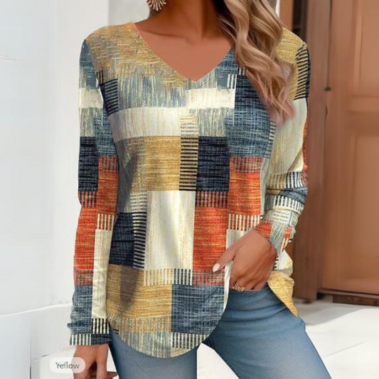 Geometric Print V-Neck Loose Long Sleeve Top