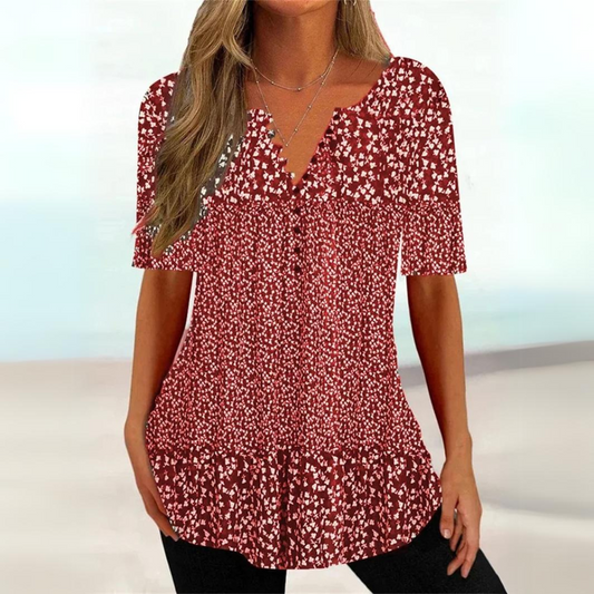 Loose V-Neck Short Sleeve Button Print T-Shirt