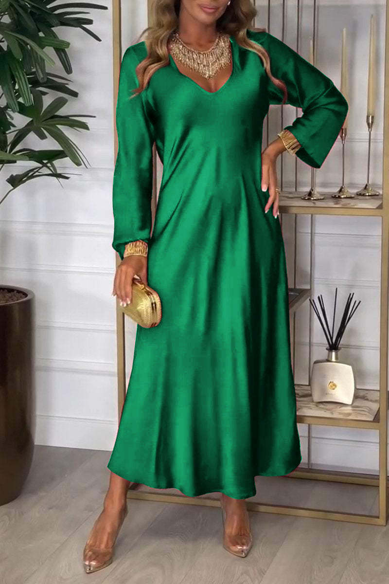 Chic Plain V-Neck Long Sleeve Midi Dress