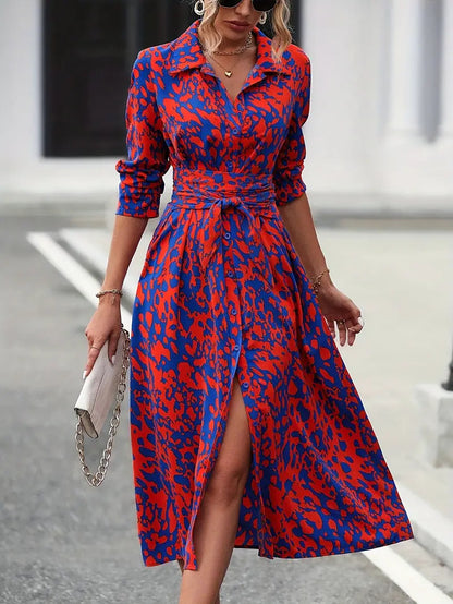 Printed Button Front Elegant Long Sleeve Midi Dress