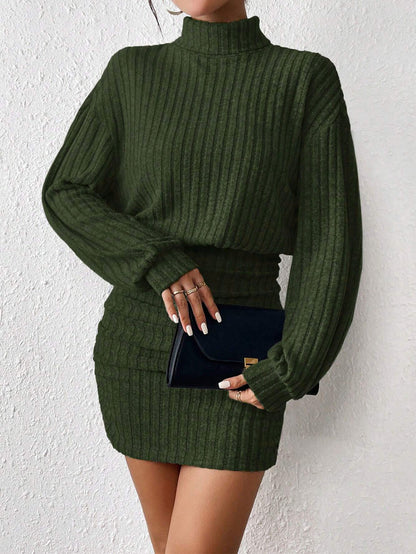 High Neck Ribbing Woolen Knit Suit