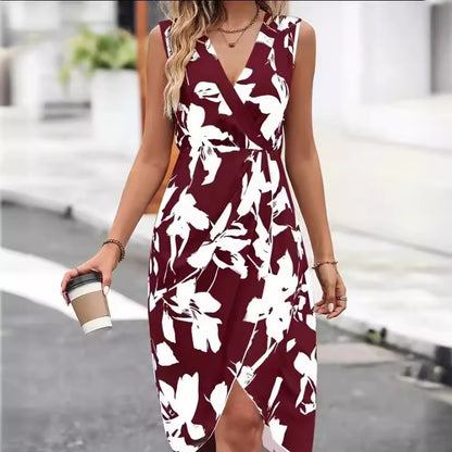 Printed Flower V-neck Sleeveless Sexy Dress