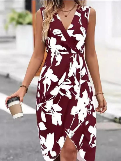 Printed Flower V-neck Sleeveless Sexy Dress