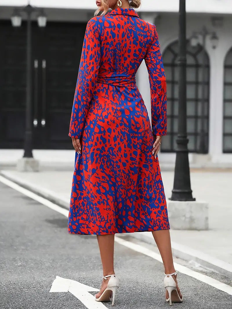 Printed Button Front Elegant Long Sleeve Midi Dress