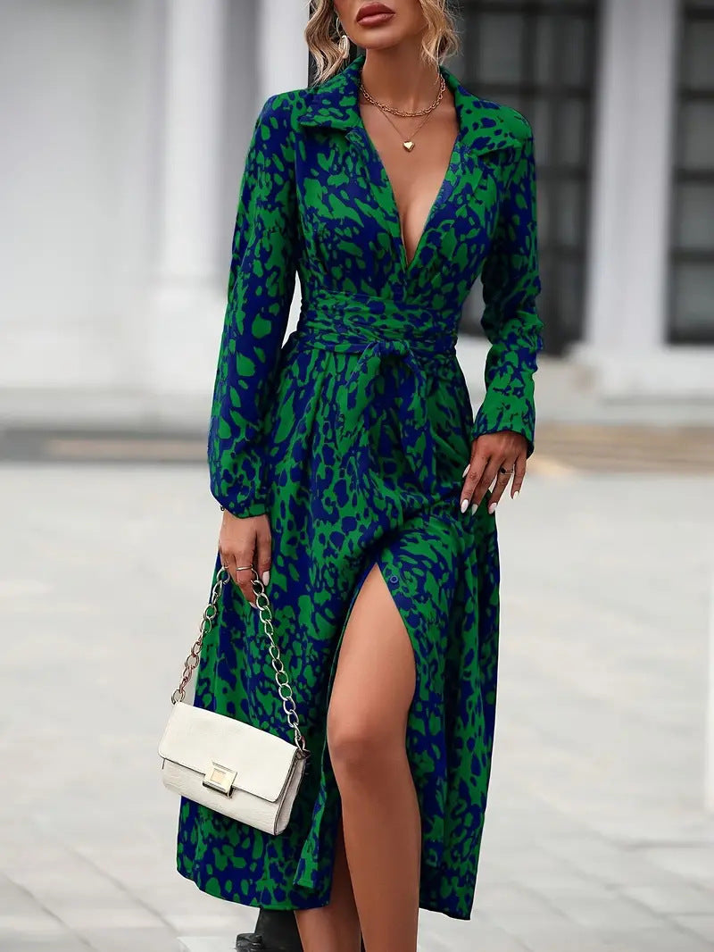 Printed Button Front Elegant Long Sleeve Midi Dress